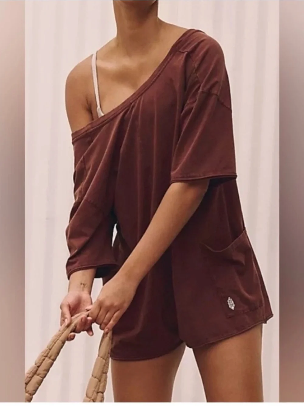 Free People Off-Shoulder Short Romper in Dark Espresso Brown